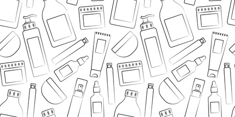 Pattern Sketch of tubes, bottles of Cosmetics. Seamless print of creams, lotions, sprays. Skin, body and hair care products. Oil, fillers. Scattered outline goods. Drawn in pencil. Vector illustration