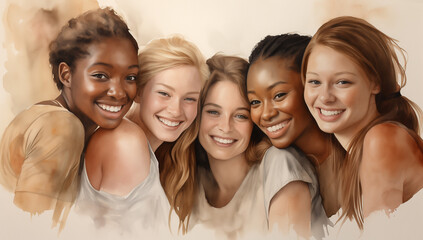Obraz premium Group of young diverse women, friendship and unity, watercolor portrait with copy space
