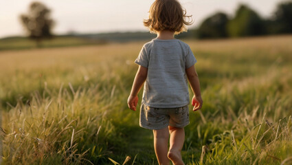 Barefoot child walking on the meadow - obrazy, fototapety, plakaty