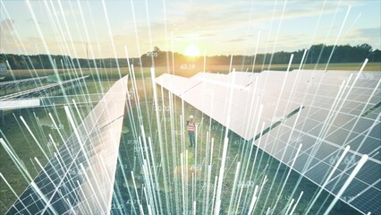 Futuristic concept of solar scientist using hologram panel analysis data of solar panels farm....
