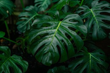 Wet monstera deliciosa plant leaves in a garden setting