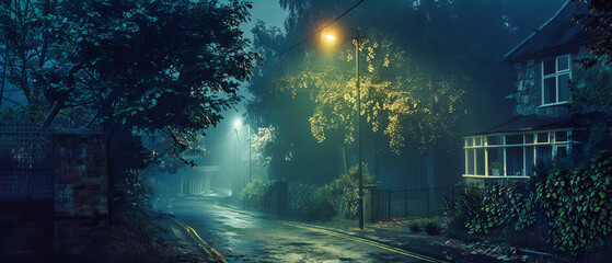Foggy Night in the Park, Mysterious Autumn Scene with Trees and Street Lamp, Dark and Moody Landscape