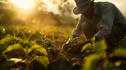 Senior farmer caring for young plants in a sunlit field at sunset, golden light of a setting sun, depicting dedication and growth. - Powered by Adobe