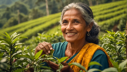 Smiling woman picking tea in Sri Lanka - obrazy, fototapety, plakaty