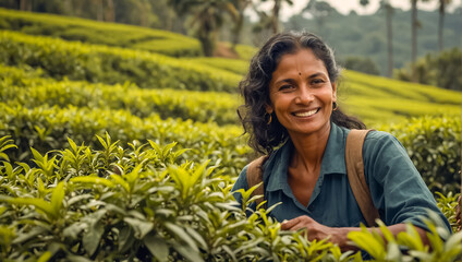 Smiling woman picking tea in Sri Lanka harvesting - obrazy, fototapety, plakaty