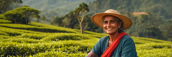 Smiling woman picking tea in Sri Lanka traditional - obrazy, fototapety, plakaty