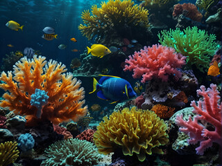 Fototapeta na wymiar Underwater world, fish swim, coral growth, algae and other inhabitants of the underwater world