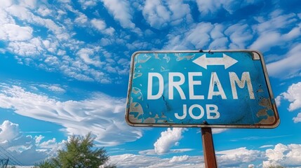 road sign against a bright blue sky with the words DREAM JOB and an arrow pointing forward.