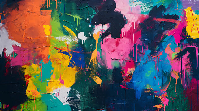 the background is chaotically painted with abstract bright paint strokes of different colors