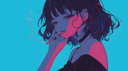 Mysterious anime young woman smoking with flowing hair in blue backdrop, trendy young woman smoking a cigarette, featuring striking dark hair and a vibrant blue background.