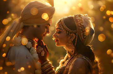 Indian bride and groom in ceremonial dress. Warm bokeh lighting in the background. Lord Krishna and Goddess Shri Ram holding hands in romantic way - 784786568