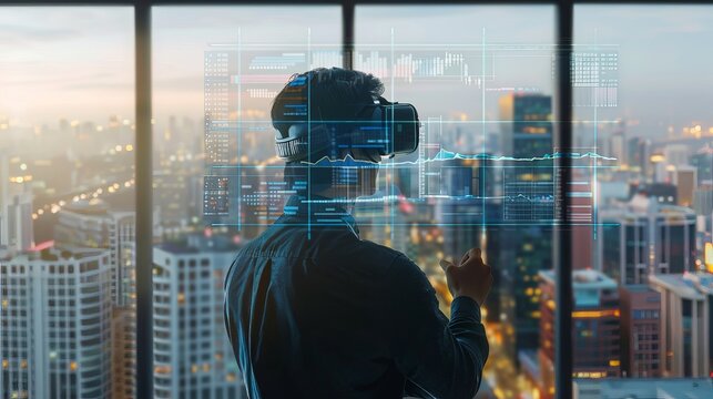 Market Analyst Evaluating Stocks on AR Display with Metropolitan View