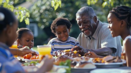 joyful family gathering outdoors around a table filled with food, where a grandfather shares a laugh with his grandchildren, basking