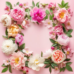 Floral frame arrangement on pink background - 784786763