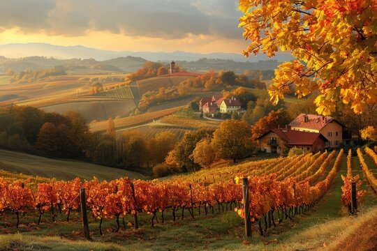 Splendid vineyards landscape. Autumn scene of grape hills in popular travel destination. Copy space
