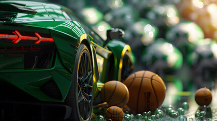 Luxury green sports car and basketballs scattered on reflective surface, green sports car, multiple basketballs and reflective balls on a shiny surface.