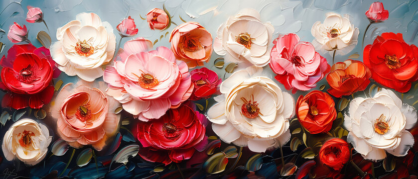 Floral arrangement with the red and white roses - oil painting
