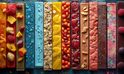 Abstract composition of various sports nutrition snacks and bars laid out in a visually pleasing pattern, bright colors - obrazy, fototapety, plakaty