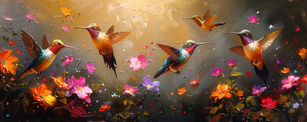 Flying hummingbirds oil painting - 784787126