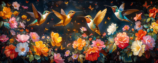 Flying hummingbirds oil painting - 784787147