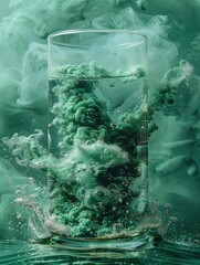 Abstract image of spirulina powder swirling in a glass of water, minimalist style