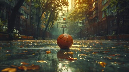 Basketball court with a ball bouncing, dynamic composition and urban setting
