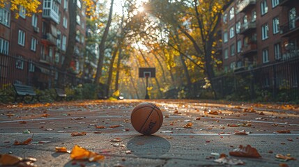 Basketball court with a ball bouncing, dynamic composition and urban setting