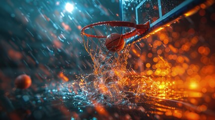Basketball hoop with a ball going through the net, dramatic lighting and motion blur - obrazy, fototapety, plakaty