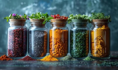 Creative composition of superfood powders in glass jars on a dark background, moody atmosphere