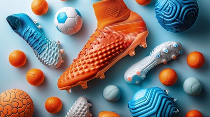 Creative image of shin guards and soccer cleats on a white background, unique angles - obrazy, fototapety, plakaty