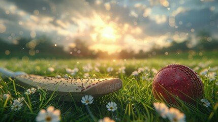 Cricket bat and ball on a grass pitch, green hues and soft sunlight