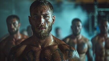 Crossfit coach motivating a group class during a tough workout, gritty gym setting