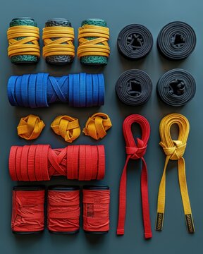 Creative photo of karate belts and pads on a white background, unique angles