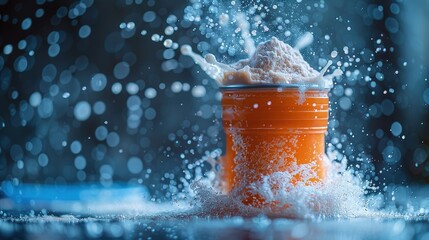 Dynamic image of a shaker bottle being vigorously shaken with protein powder inside, motion blur
