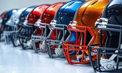 Dynamic photo of football helmets on a white background, action-packed composition - obrazy, fototapety, plakaty