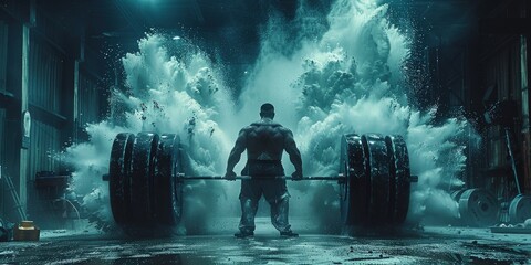 Dynamic image of a weightlifter preparing for a lift with chalk dust in the air, intense and gritty