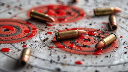 Dynamic photo of shooting targets and handguns on a white background, action-packed composition