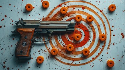 Dynamic photo of shooting targets and handguns on a white background, action-packed composition - obrazy, fototapety, plakaty