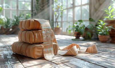 Minimalist composition of yoga blocks and straps on wooden floor, soft natural lighting - obrazy, fototapety, plakaty