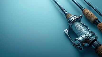 Minimalist image of fishing rods and reels on a white background, simple and clean - obrazy, fototapety, plakaty