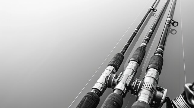 Minimalist image of fishing rods and reels on a white background, simple and clean