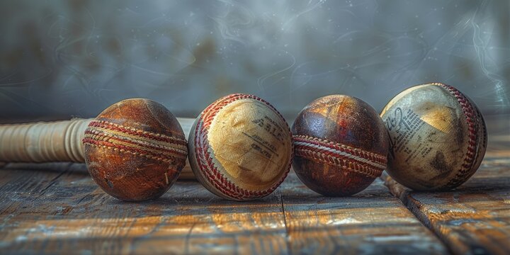 Moody image of cricket bats and balls on a white background, dramatic lighting