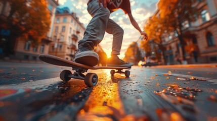 Skateboarding coach teaching a skateboarder tricks on a city street, urban grunge style