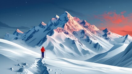 Skis and ski poles against a snowy mountain backdrop, winter sports adventure - obrazy, fototapety, plakaty