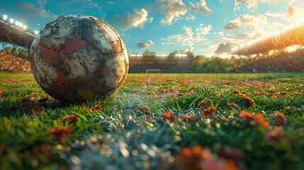 Soccer ball against a stadium backdrop, passion and excitement - obrazy, fototapety, plakaty