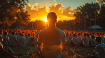 Soccer coach motivating players with a fiery halftime speech, golden hour lighting - obrazy, fototapety, plakaty