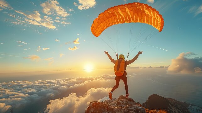 Skydiver free-falling through the sky with a parachute, exhilaration and freedom in flight