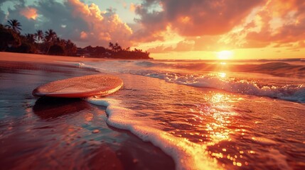 Surfboard on a sandy beach under the golden sunlight, tropical vibes - obrazy, fototapety, plakaty