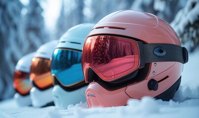 Stylish shot of ski goggles and snow helmets on a white background, sleek and modern design - obrazy, fototapety, plakaty