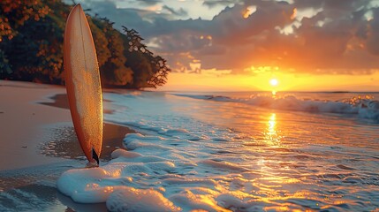 Surfboard on a sandy beach under the golden sunlight, summer vibes and relaxation - obrazy, fototapety, plakaty
